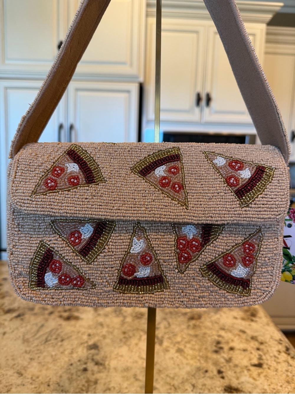 Beaded Beige Shoulder Bag with Pizza Slice Motif - Picture 3 of 10